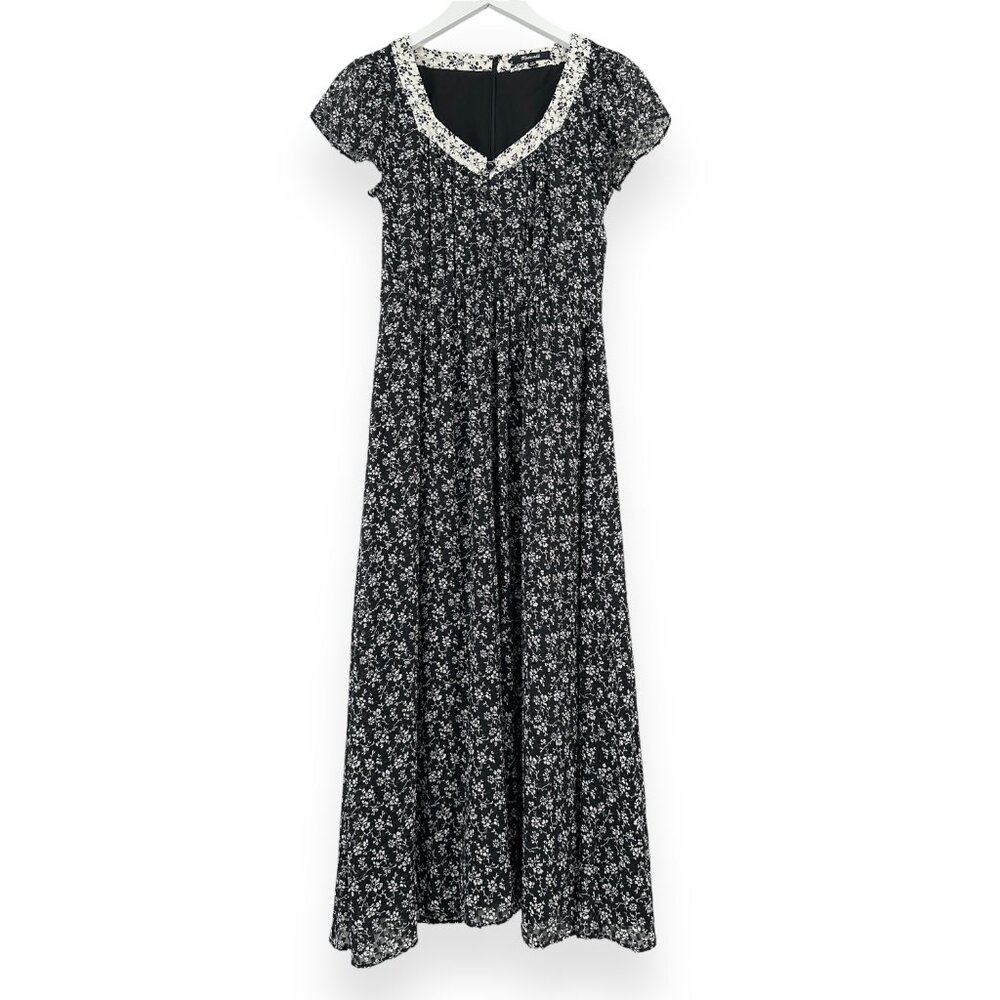 Madewell Black & White Floral Print Sheer Sleeve Lined Maxi Dress sz 00